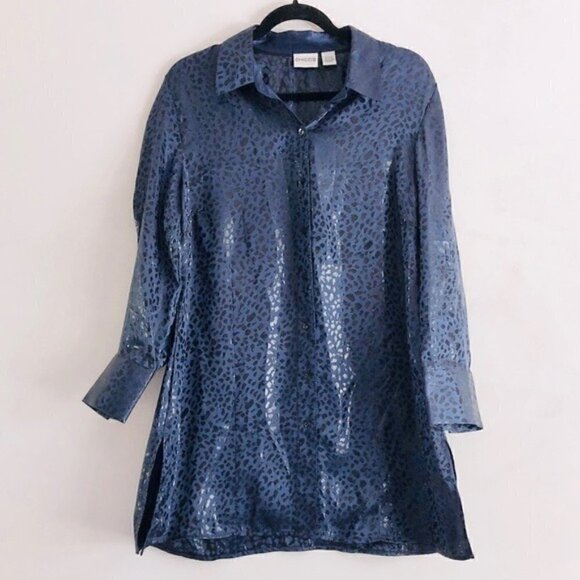 Chico’s Tunic Top 12 Silk Cheetah Animal Print Metallic Navy Blue Cocktail Party - Picture 3 of 11